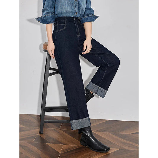Women Denim Jeans 2025 Spring New Straight Wide Leg Rolling Up Ankle Length Cropped Pants