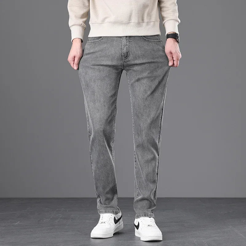 Classic Men Vintage Cloth High Waist Trousers 2024 Autumn Loose Straight Stretch Wash Jeans High Quality Sky Blue Brand Pants