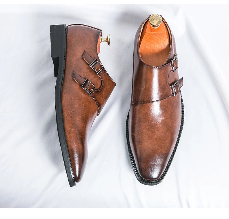 Men's Monk Leather Shoes Pointed Toe Buckle Dress Shoes Oxfords Classic Retro Business Office Wedding Comfortable