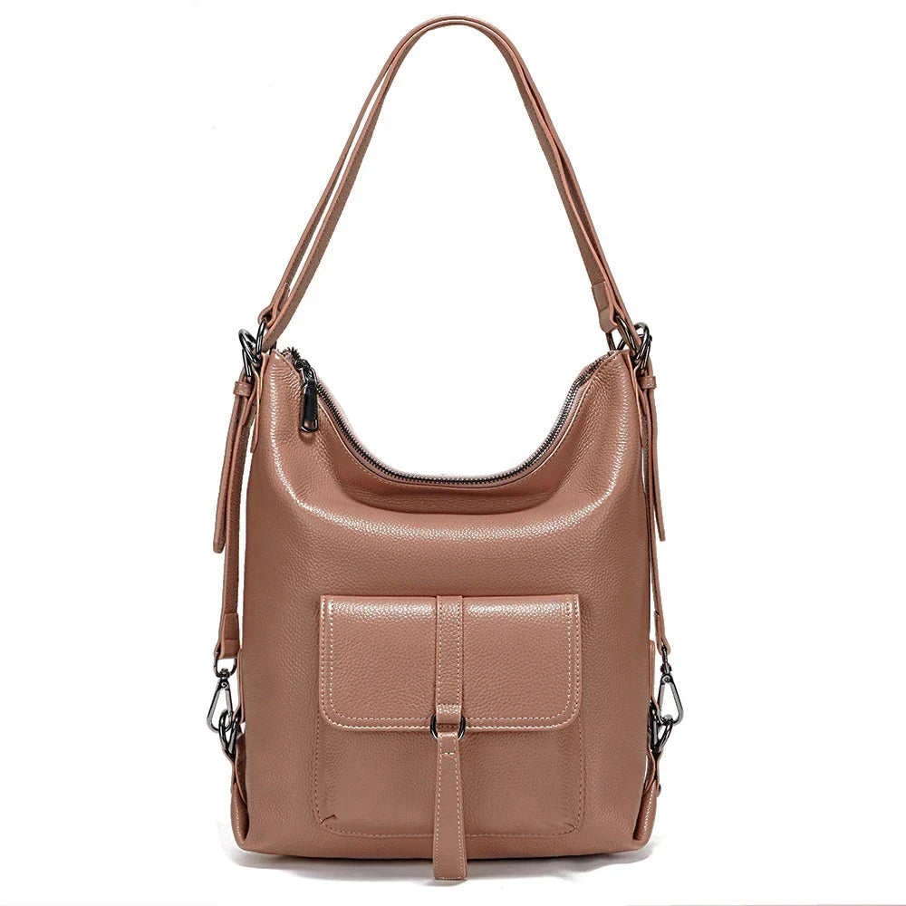 Stylish Women Shoulder Bag 100% Genuine Leather Large Capacity Handbag Multifunction Satchel Bag Backpack Brown 2 in 1 Bag