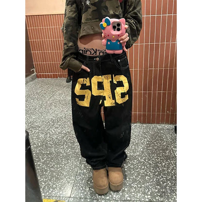 Black Gothic Hip-Hop Letter Printed Streetwear Men And Women Y2k Harajuku 2000s Vintage Fashion Casual Loose Wide-Leg Jeans