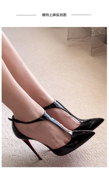 New T-shaped hollow high heels with toe caps, sandals with thin heels and pointed hollow out sexy shallow mouth single shoes