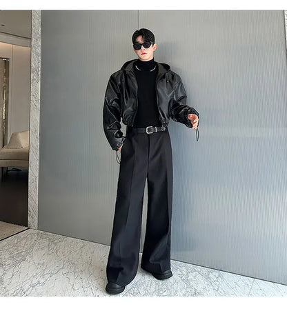 Spring Autumn Short Waterproof Black Pu Leather Jacket Men Hood Zipper High Waist Loose Casual Korean Fashion 2025