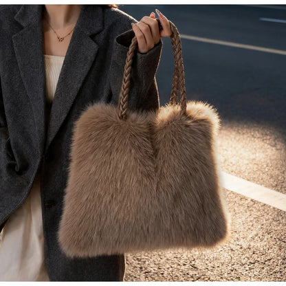 Fashion Women Furry Shoulder Bag Large Capacity Tote Handle Bag for Autumn Winter Outing Commuter Texture Versatile Storage Bags