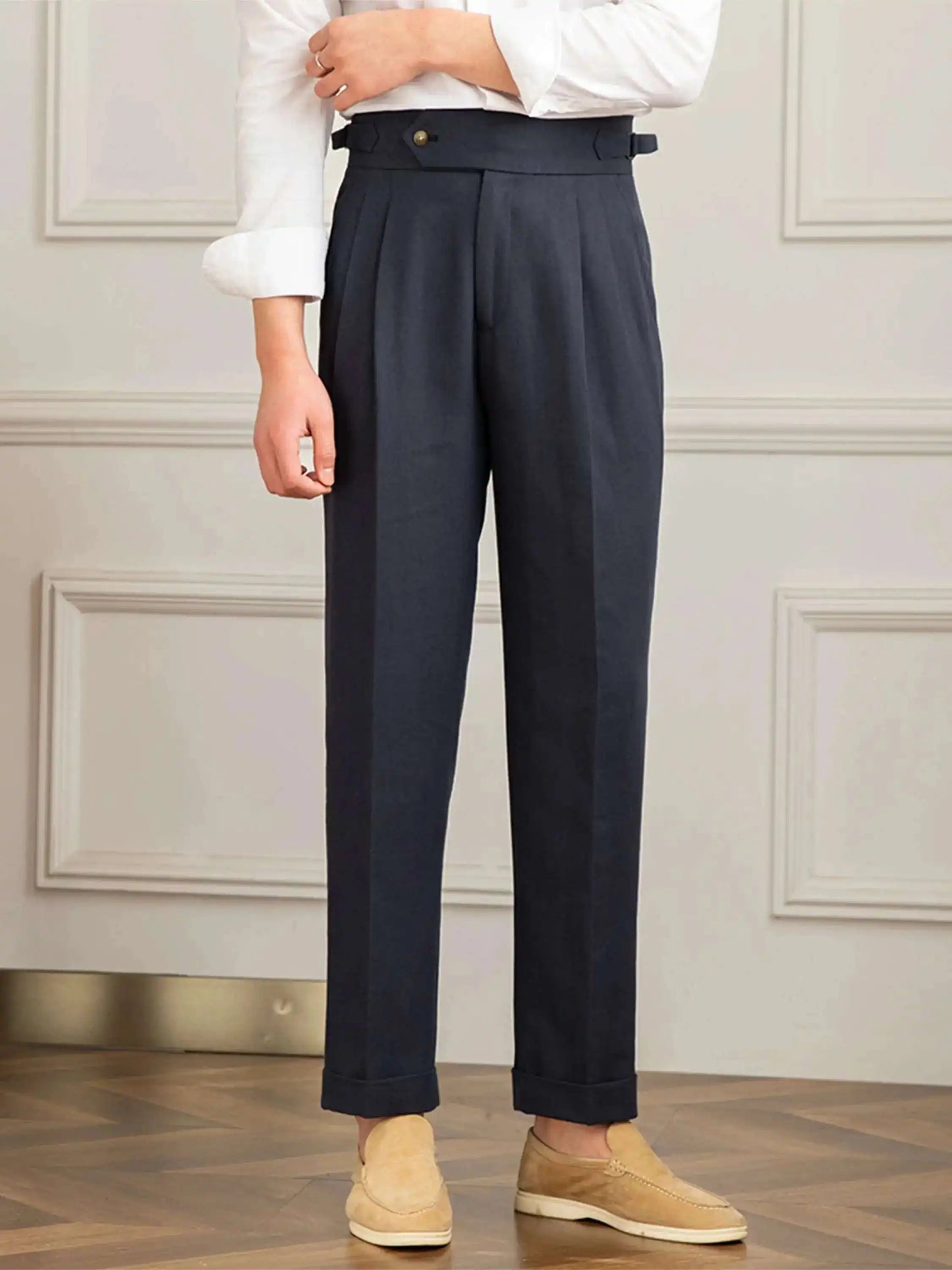 Linen Cotton High Waist Straight Casual Pants Men Versatile Naples Gentleman Pleated Pants High Quality Italian Dress Trousers