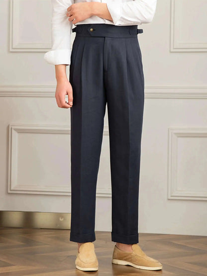 Linen Cotton High Waist Straight Casual Pants Men Versatile Naples Gentleman Pleated Pants High Quality Italian Dress Trousers