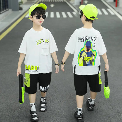 Kpop Boys Clothes Sets 2026 Summer Teen Kids Fashion Letter Print Short Sleeve T-shirt+Shorts 2Pcs Children Tracksuit Outfits