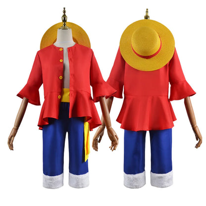 Anime Monkey D Luffy Cosplay Costumes ONE PIC Sun God Luffy Cosplay Red Suits Hat Halloween Carnival Costume For Adult Kids