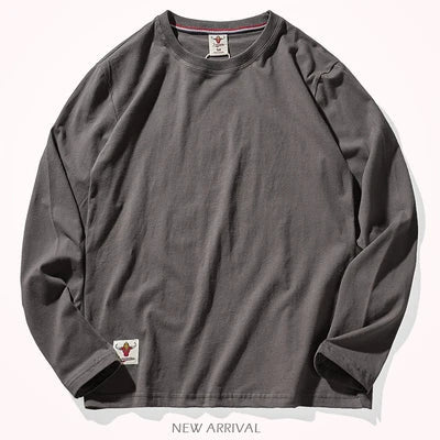 Autumn American Retro Long Sleeve O-neck Solid Color T-shirt Men's Fashion Simple 100% Cotton Washed Old Casual Bottoming Tops