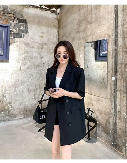 Korean Fashion Loose Thin Blazer Women Spring Autumn New Extra Large Mid Length Short Sleeved Women Coat Casual Outwear
