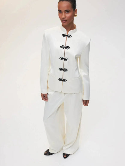 Women's Spring Summer Mandarin Collar Frog Button Cropped Chinese Style Blazer Casual 2026 Trendy Feminine Fashion Coat