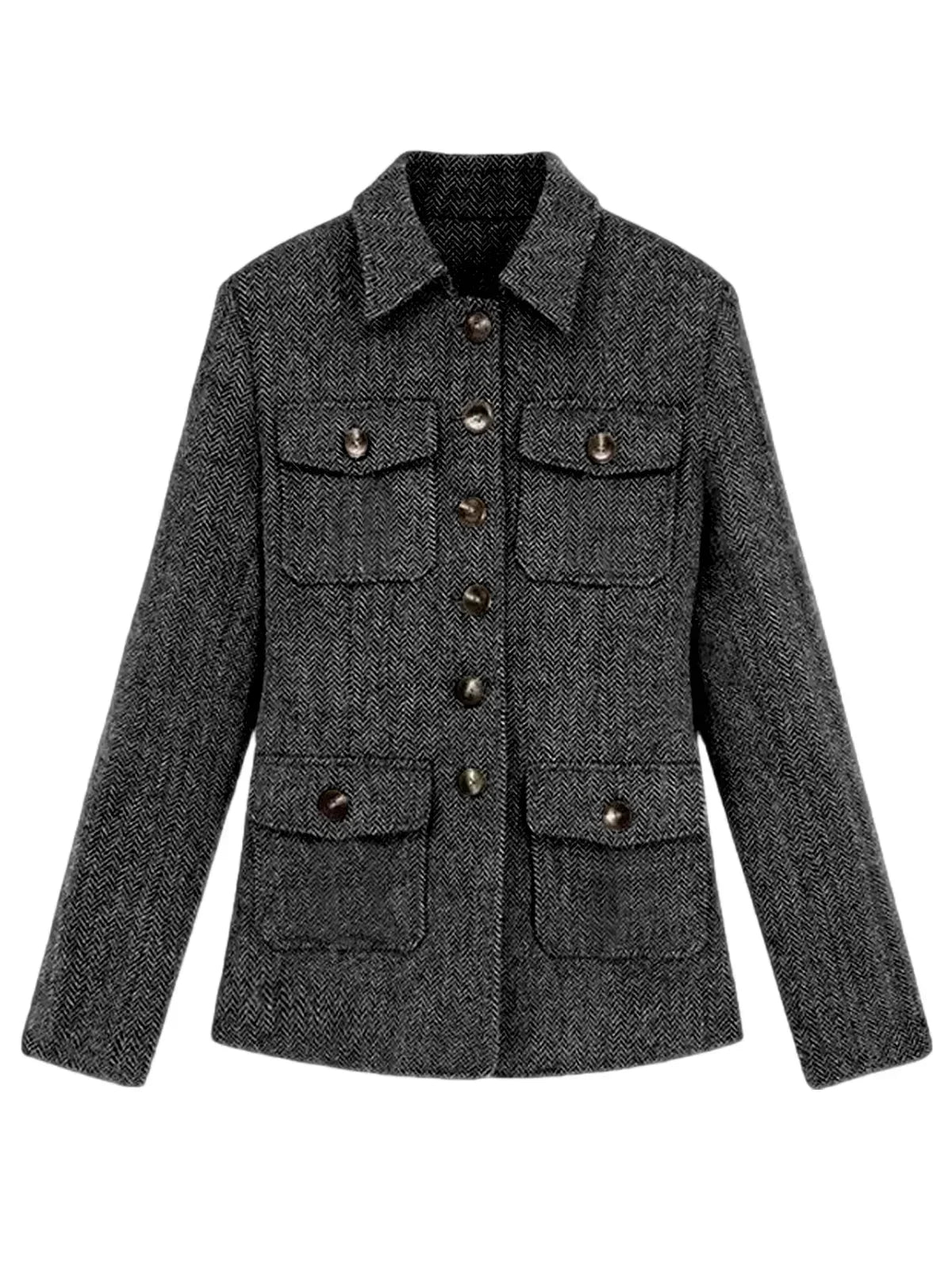 Men's Herringbone Wool Blend Blazer Jacket Notch Collar Utility Multi-Pocket Casual Overcoat For Spring Autumn