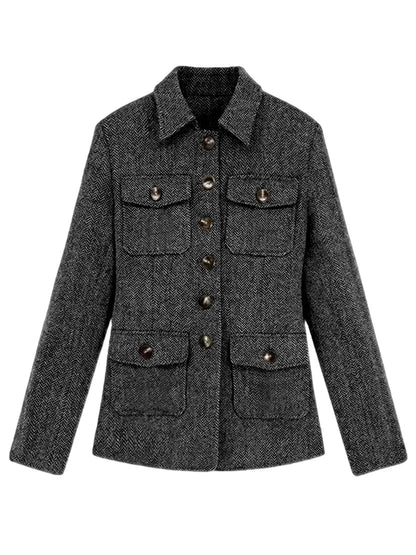 Men's Herringbone Wool Blend Blazer Jacket Notch Collar Utility Multi-Pocket Casual Overcoat For Spring Autumn