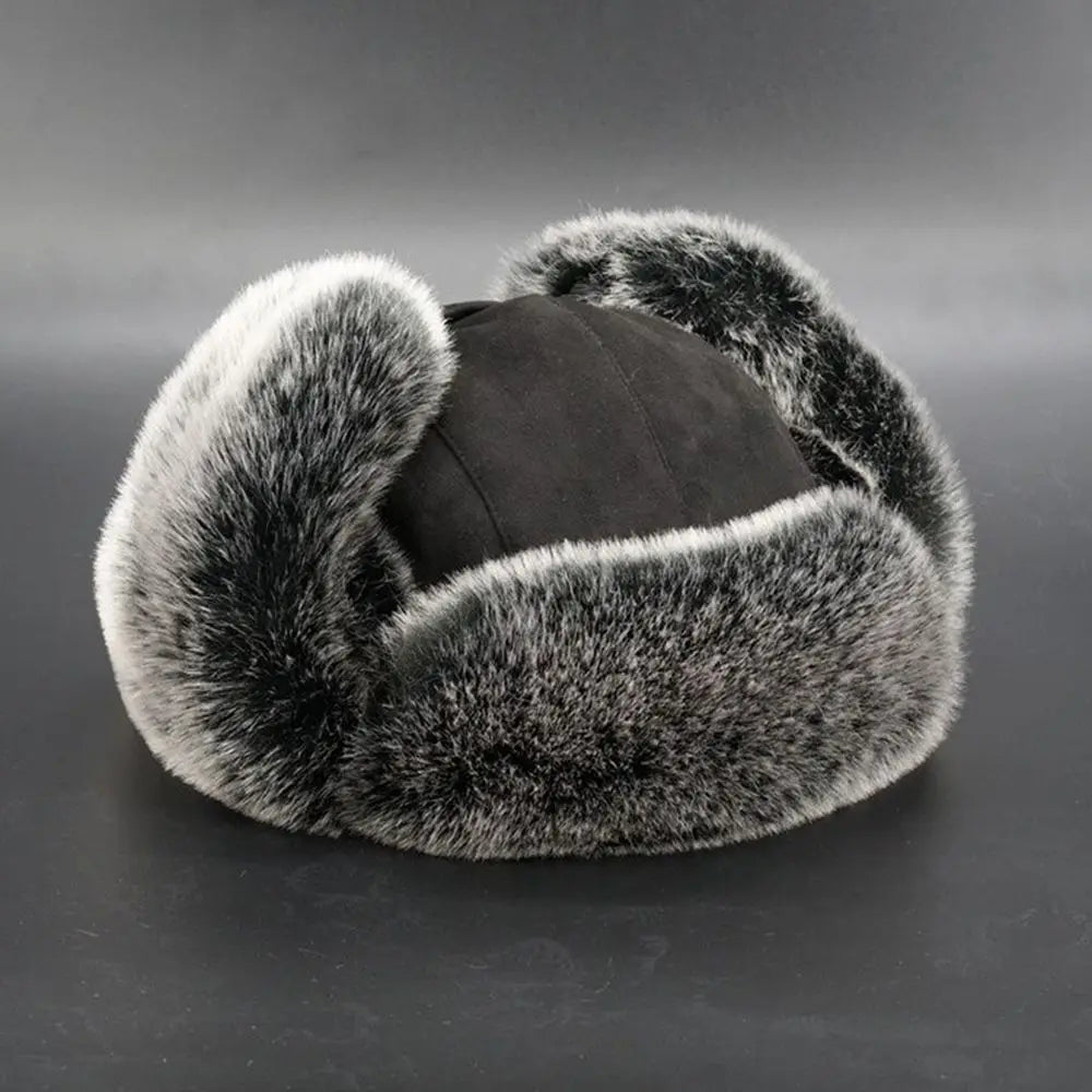 Suede Leather Russian Cossack Ski Cap Earflap Bonnet Faux Fur Earflap Bomber Hats Trapper Hat
