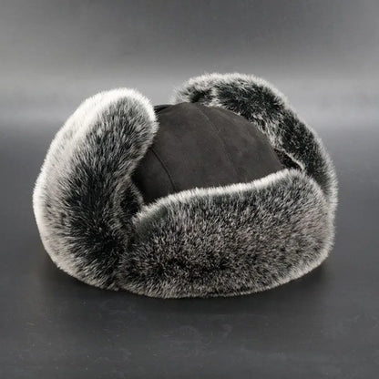 Suede Leather Russian Cossack Ski Cap Earflap Bonnet Faux Fur Earflap Bomber Hats Trapper Hat