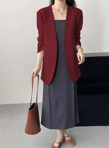 Fashion New Solid Casual Joker Women's Blazer Spring Autumn No Placket Cardigan Suit Jackets V-neck Long Sleeve 19-Color Coats