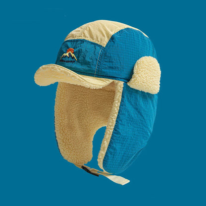 Fashion Embroidered Color Matching Plush Caps for Men and Women Riding Winter Outdoors Warm Earflaps Bomber Hats