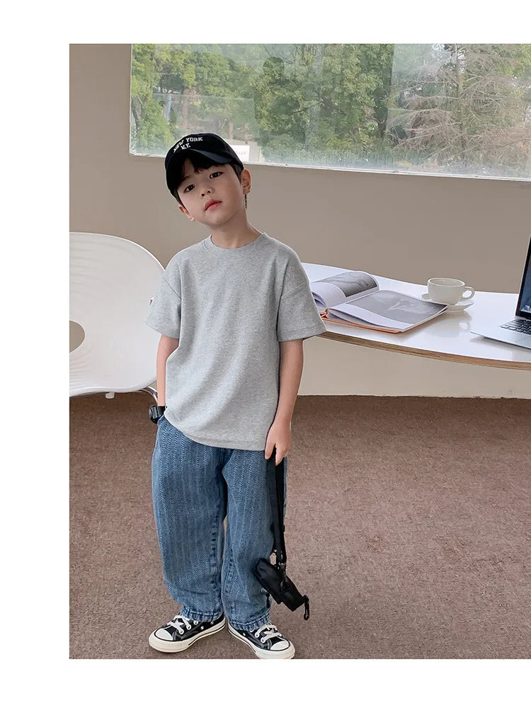 Summer Casual School Kids Cotton Plain Tee Tops Baby and Boys Short-Sleeved T-Shirt Children Outfit Clothing 1-16 Years