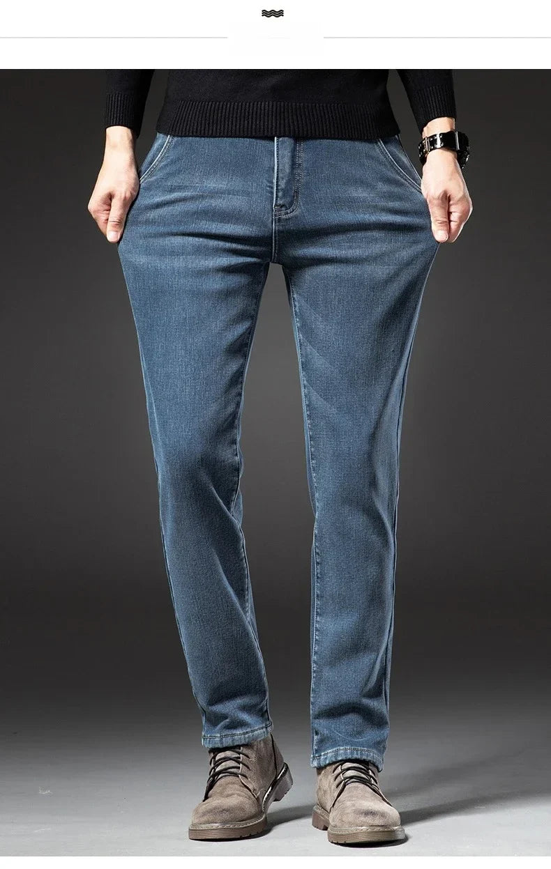 Winter Fleecy Thickened Warm Jeans Vintage Brand Classic Retro Youth Fashion Men Fit Straight Leg Casual Stretch Denim Pants