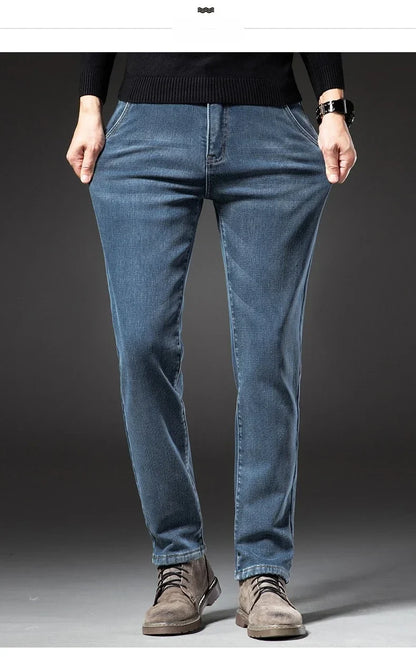 Winter Fleecy Thickened Warm Jeans Vintage Brand Classic Retro Youth Fashion Men Fit Straight Leg Casual Stretch Denim Pants
