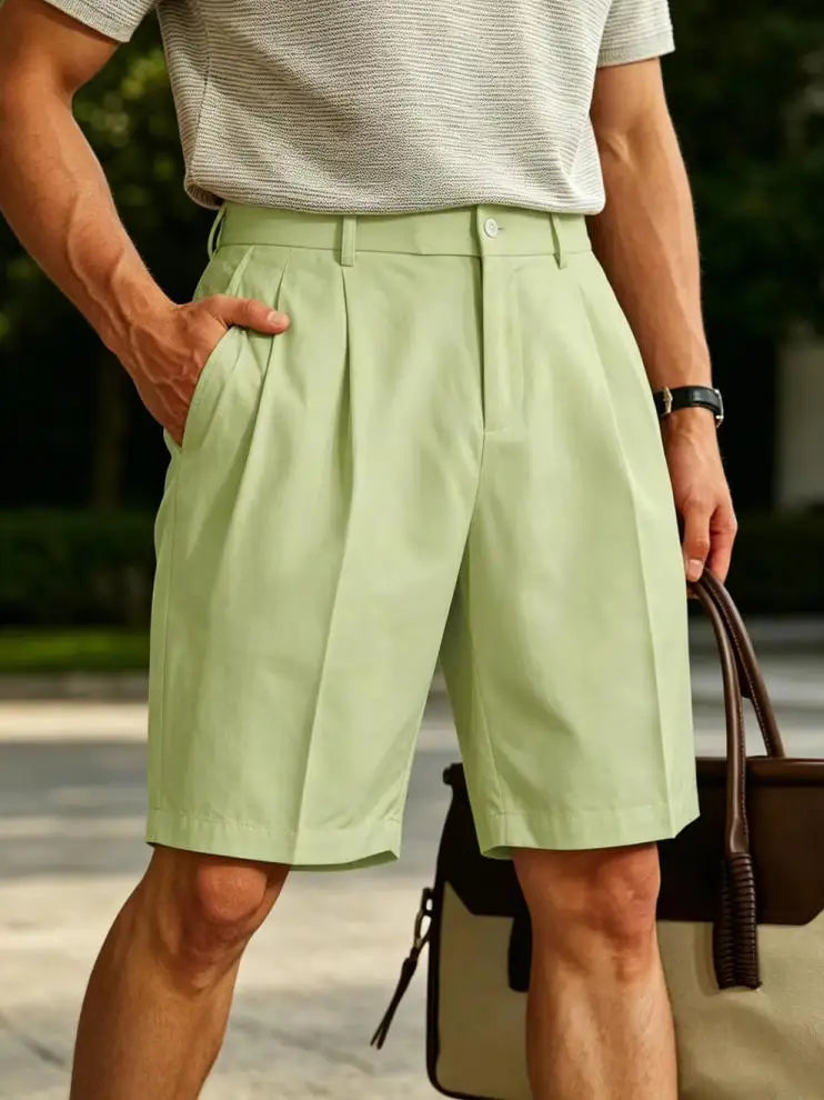Men's Shorts Casual Pleated Dress Elastic Waist Multi Pockets Classic-Fit Golf Shorts for Men Cotton Summer Formal Shorts Sports