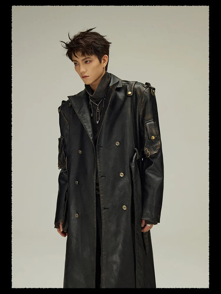 Spring Autumn Long  Distressed Black Pu Leather Trench Coat Men Belt Double Breasted Luxury European Fashion 2023