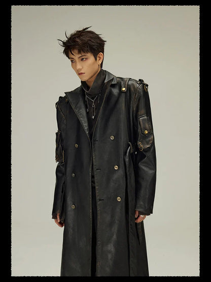 Spring Autumn Long  Distressed Black Pu Leather Trench Coat Men Belt Double Breasted Luxury European Fashion 2023