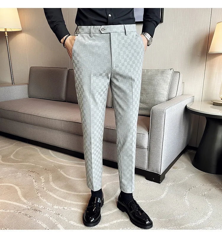 New Men Casual Plaid Suit Pants Fashion Men's Slim Fit Business Social Dress Pants Formal Wedding Social Party Male Trousers