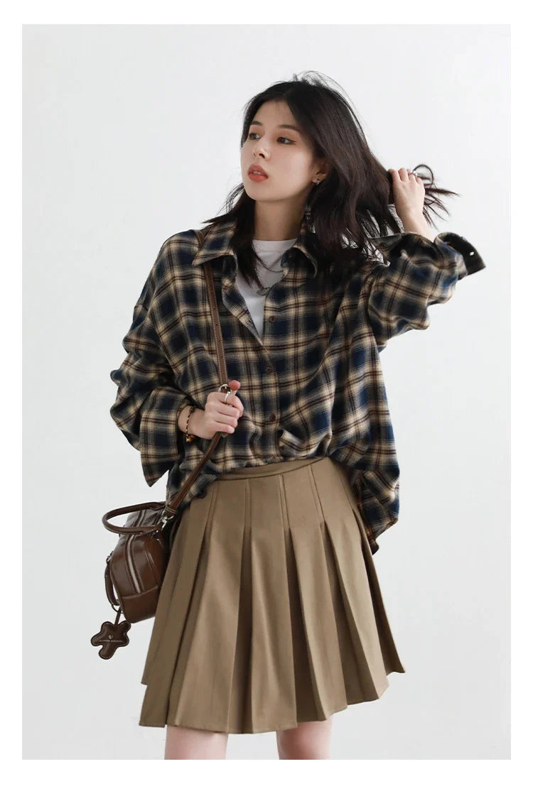 Women Shirts Loose Casual New Sanding Plaid Shirt Long Sleeve Medium Long Length Blouses Female Tops Spring Autumn 2025