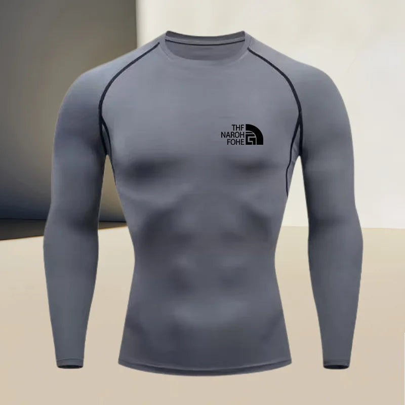 Men's fitness compression shirt with round neck, long sleeved muscle fit, suitable for bodybuilding and physical training