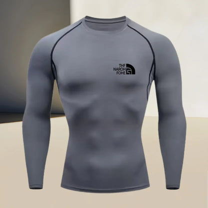 Men's fitness compression shirt with round neck, long sleeved muscle fit, suitable for bodybuilding and physical training
