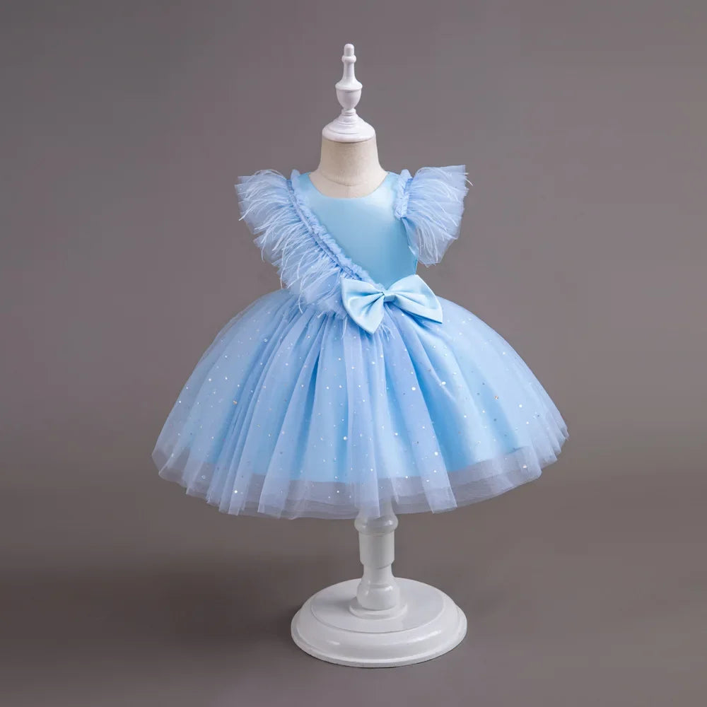 Summer Girls' New Bow Sequin Flying Sleeves Mesh Fluffy Skirt Piano Competition School Graduation Ceremony Dress