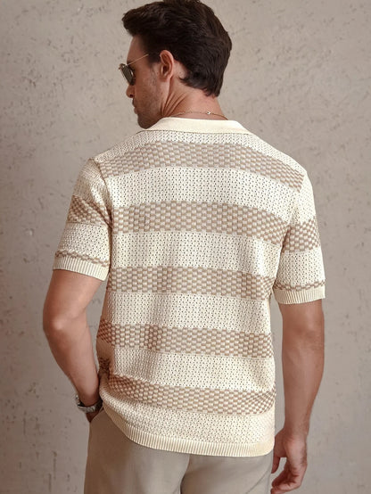 Daily Casual Mens Knitted Polo Shirts 2026 Summer Fashion Striped Contrast Color Knit Pullovers Men Stylish Turn-down Collar Top
