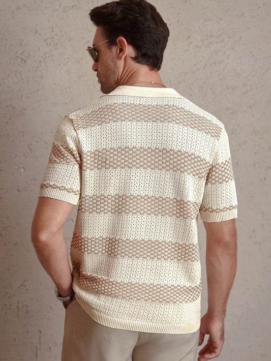 Daily Casual Mens Knitted Polo Shirts 2026 Summer Fashion Striped Contrast Color Knit Pullovers Men Stylish Turn-down Collar Top