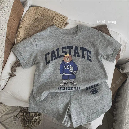 Print Cartoon Pattern Boys Short Sleeve T-shirt Suit 2025 Summer Clothing Loose Casual Kids Tracksuits Toddler Costume Outfits
