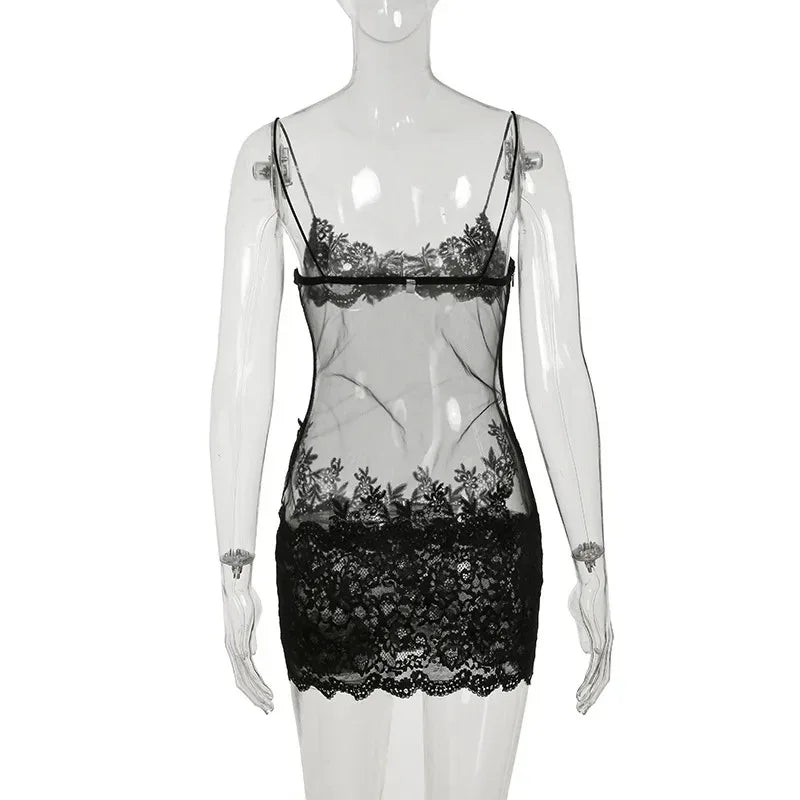 Lace Transparent Mini Dress Sexy Women Wrapping Spaghetti Embroidery Flower Sheath Nightwear Club Mesh Wave Fantacy