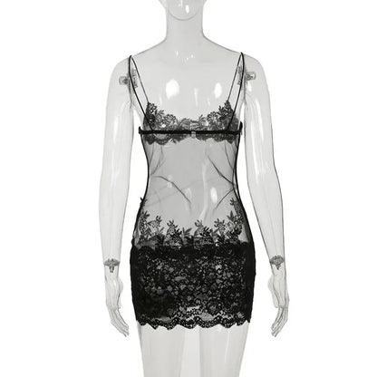 Lace Transparent Mini Dress Sexy Women Wrapping Spaghetti Embroidery Flower Sheath Nightwear Club Mesh Wave Fantacy