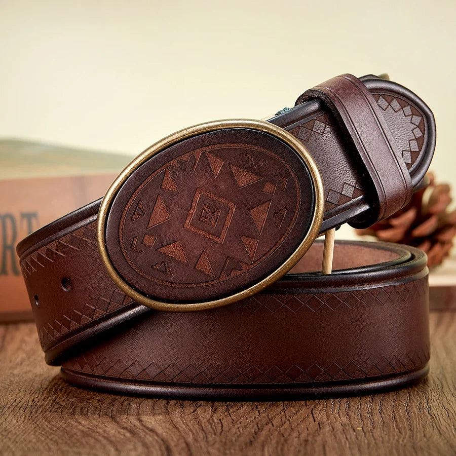 Real Genuine Leather High Quality Brass Buckle Jeans Casual Belt Extra Thick Cowhide Designer Laser Engraved Pattern Men's Belt