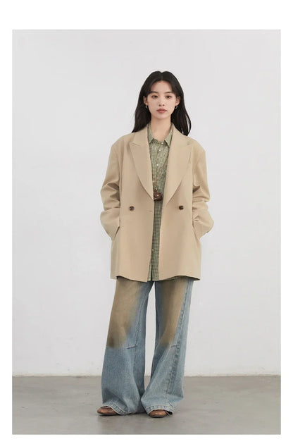 Women Blazers Solid Loose Double-breasted Wide Shoulder Office Ladies Suit Jacket Oversized Coat Spring Autumn 2026