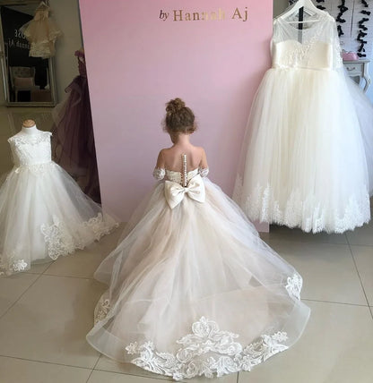 Flower Girl Dresses For Weddings Long Sleeve Lace Tulle Bow Back Children's Elegant Dress vestidos para niñas