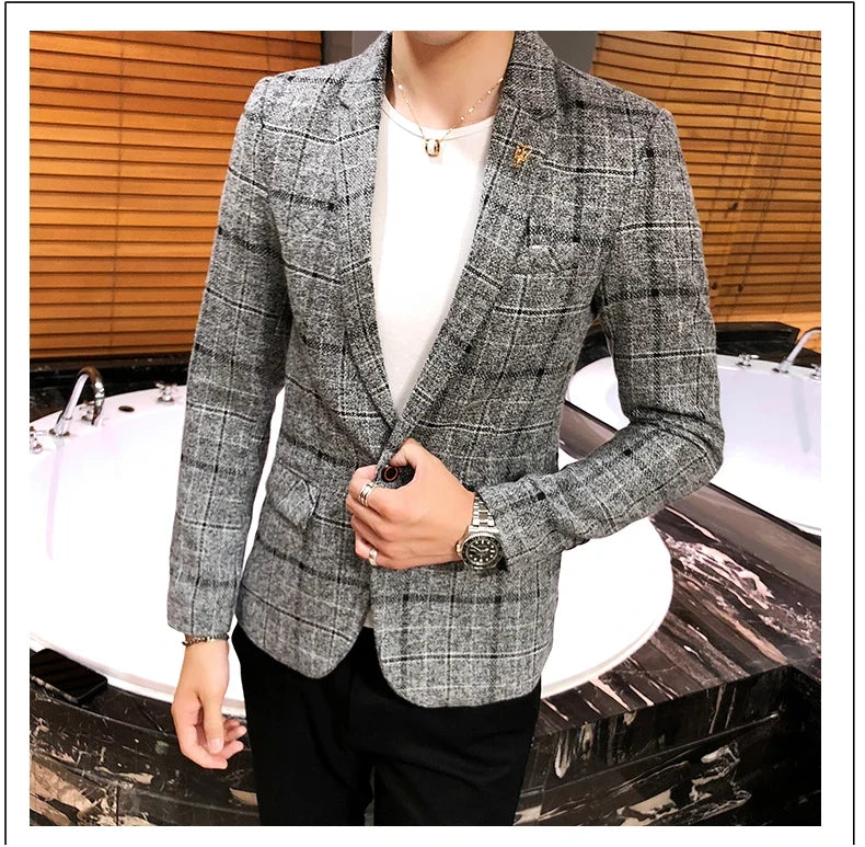 Men Checked Suit Jacket 2023 Spring New Linen Slim Suit Jacket Fashion One-button Business Casual Jacket Large M-5XL Suit Jacket