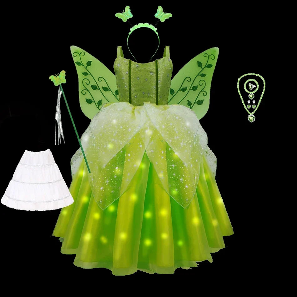 Girls Tinkerbell Fairy Dresses LED Light Up for Girls Costume Kids Cosplay Flower Fairy Princess Clothes Christmas Party Outfit
