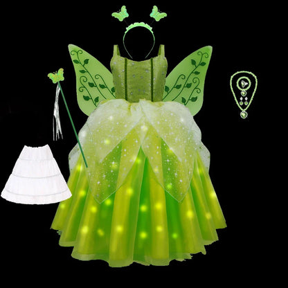Girls Tinkerbell Fairy Dresses LED Light Up for Girls Costume Kids Cosplay Flower Fairy Princess Clothes Christmas Party Outfit
