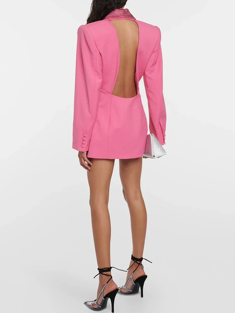 HIGH STREET 2026 Runway Fashion Designer Jacket Women's Stylish Backless Rhinestone Diamonds Beaded Shawl Collar Long Blazer