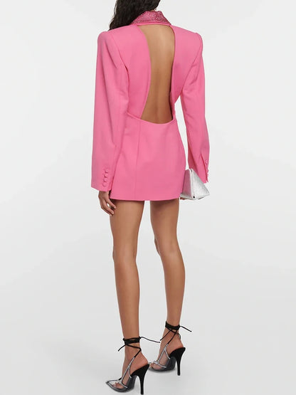 HIGH STREET 2026 Runway Fashion Designer Jacket Women's Stylish Backless Rhinestone Diamonds Beaded Shawl Collar Long Blazer