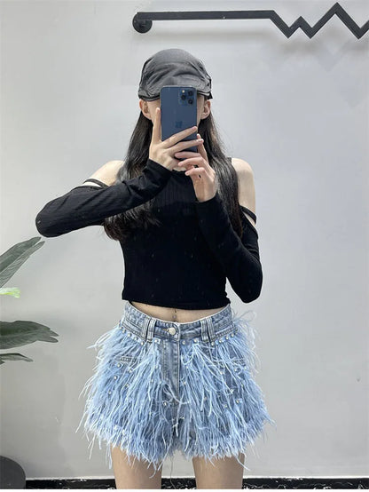 Summer Street Hot Girls Short Jeans Female Chic Feather Diamond Denim Shorts Women Retro Washed Hot Pants Sexy Night Club Shorts