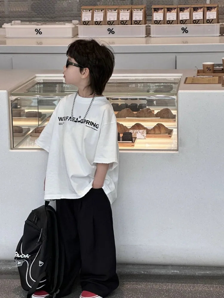 Red Cotton T-Shirt for Tween Boys Girls Loose Fitting Trendy Unisex Summer Top with Embroidered Letters Youthful Casual Wear