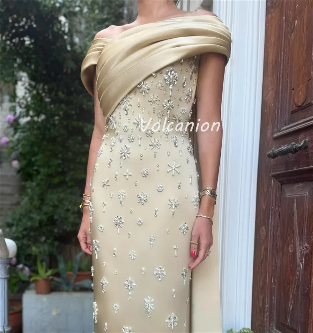 Customized Exquisite Elegant Charmeuse Rhinestone Pleat Straight Off-the-shoulder Long Dresses Bespoke Occasion Dresses Formal