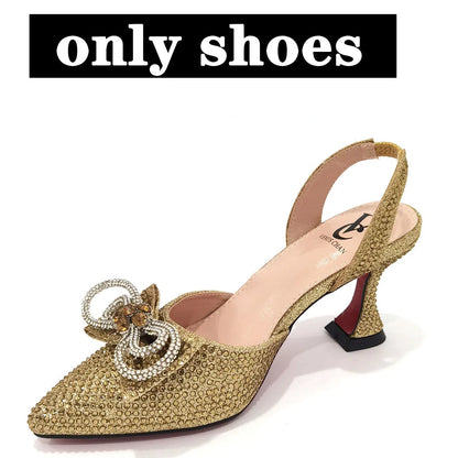 The Latest INS Style Rhinestone Bow Side Empty Party High Heels Pointed Toe Stiletto Heels Silver Women's Shoes And Bags