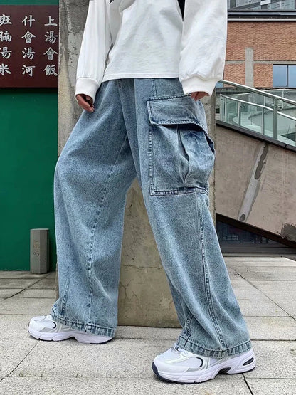 Baggy Jeans Men's Oversize Streetwear Fashion Wide Leg Cargo Pants Hip Hop Harajuku Multi-Pocket Denim Trousers Black Blue